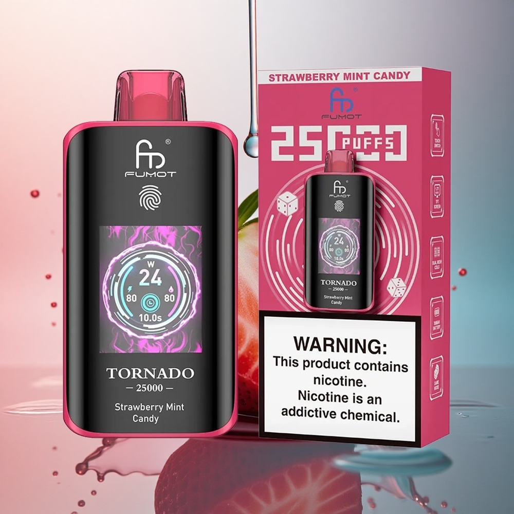 Fumot Tornado 25000 Puffs Bomboană Căpșuni Mentă cu Ecran HD și Baterie 700mAh