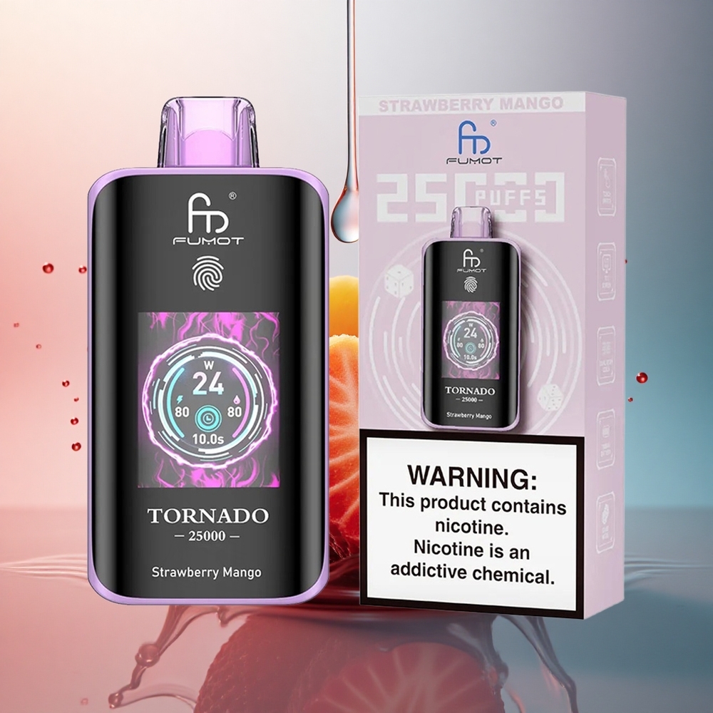 Fumot Tornado 25000 Puffs Căpșună Mango cu Ecran HD și Baterie 700mAh