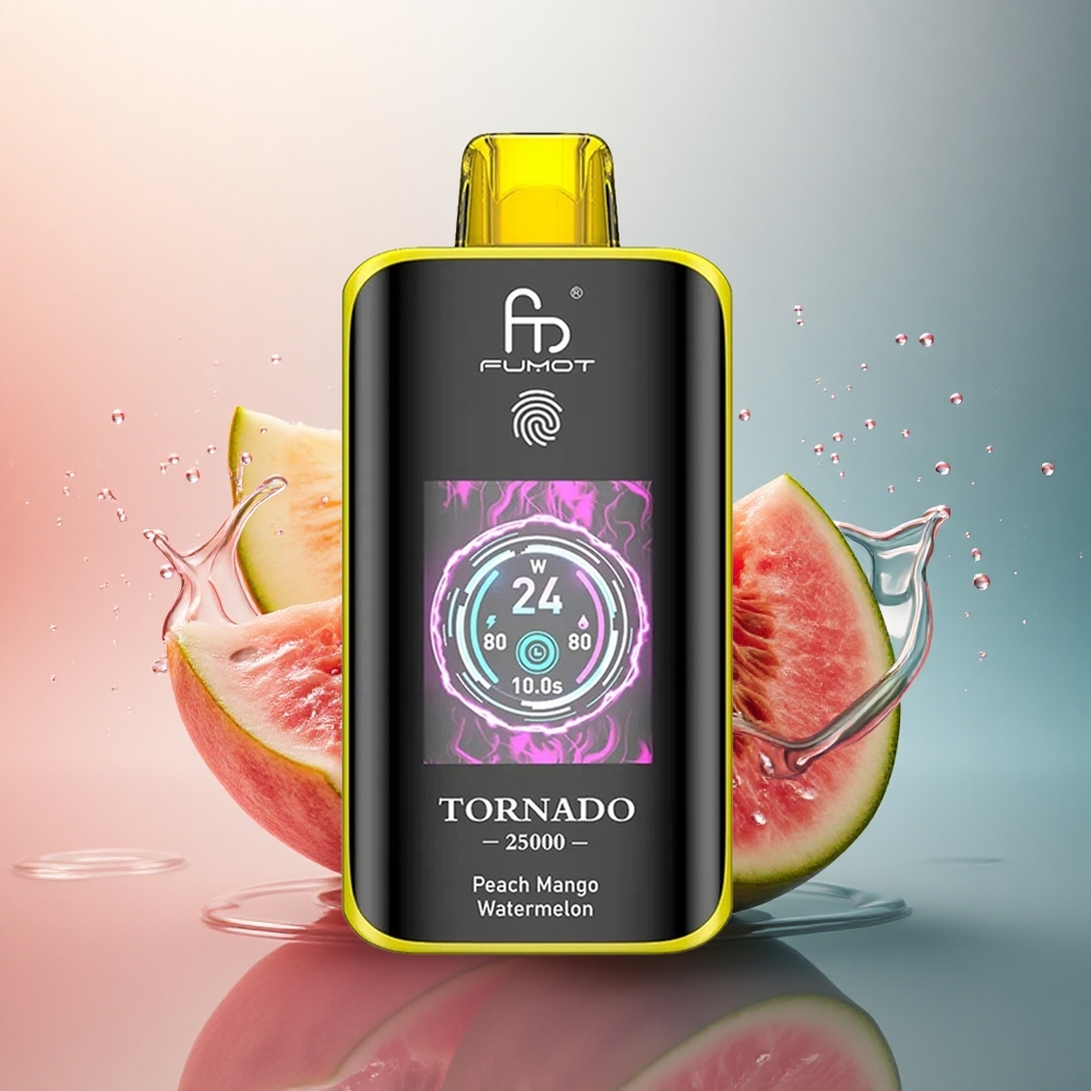 Fumot Tornado 25000 Puffs Piersic Mango Pepene Verde cu Ecran HD și Baterie 700mAh