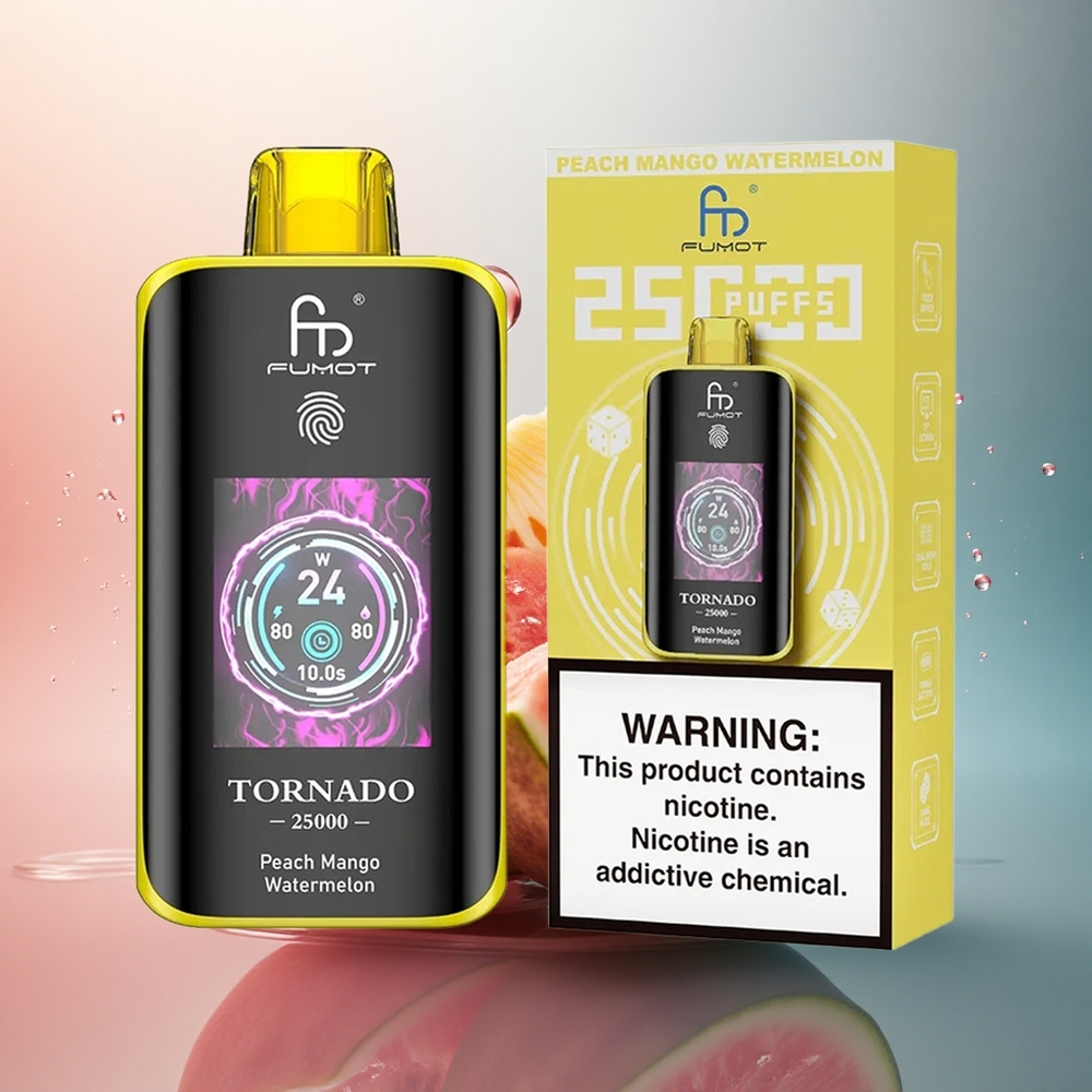 Fumot Tornado 25000 Puffs Piersic Mango Pepene Verde cu Ecran HD și Baterie 700mAh